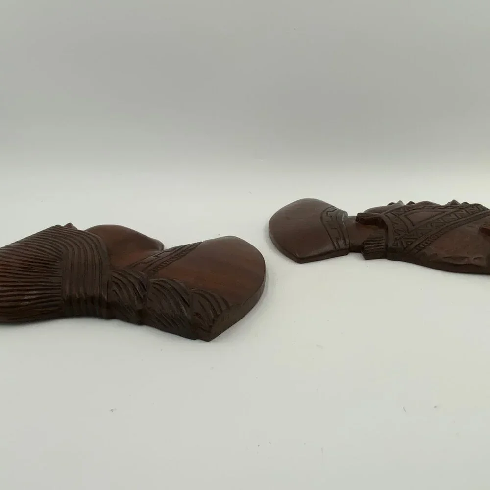 2 Vintage Carved Wood Native American Heads Male & Female Wall Hanging Art MCM